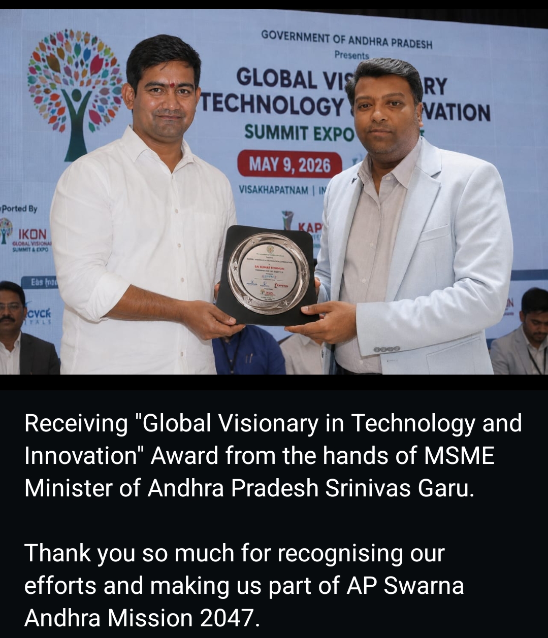 Sai Kumar Kommuri receiving Global Visionary in Technology and Innovation Award from AP MSME Minister Srinivas Garu at Summit Expo 2026